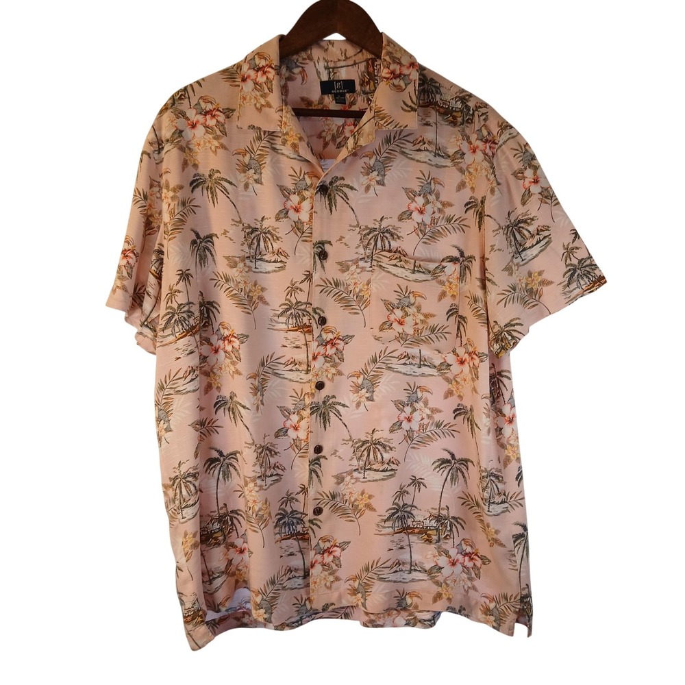 George Peach Palm Print Hawaiian Shirt Men's Size L Single Pocket Vacation Beach